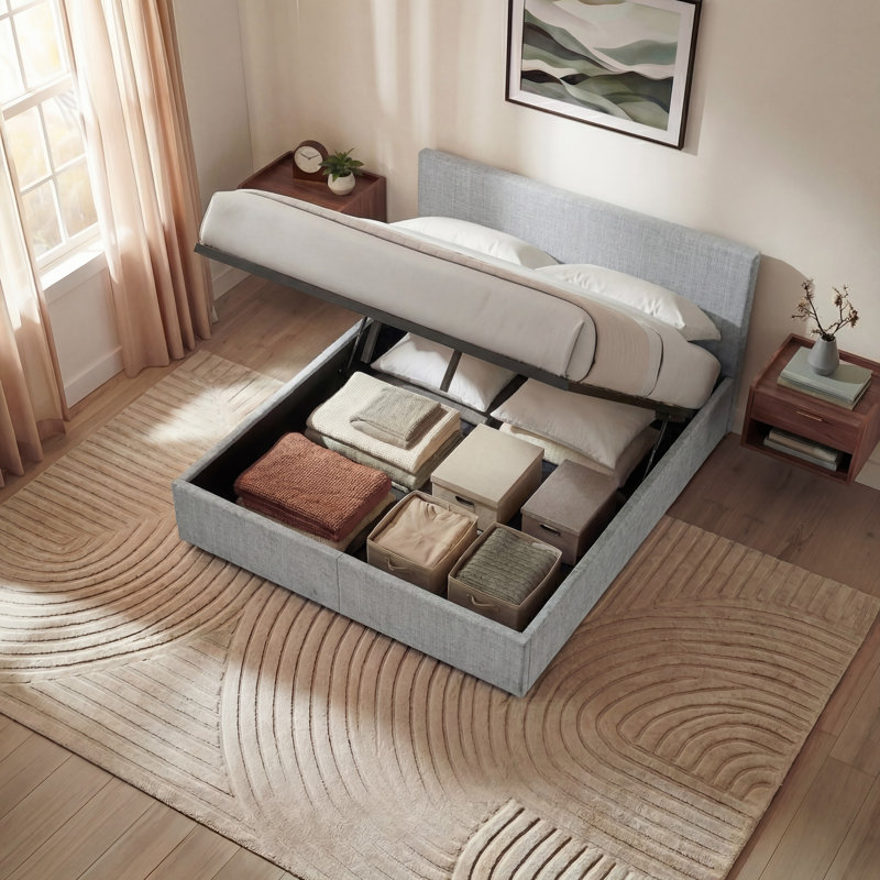 Enya Upholstered Ottoman Bed, Light Grey, Double (4'7)