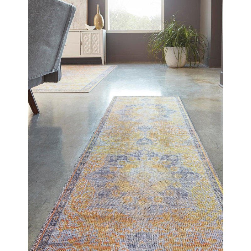 Tapis oriental bleu / jaune Hymel, Tapis de couloir 2 pi x 10 pi