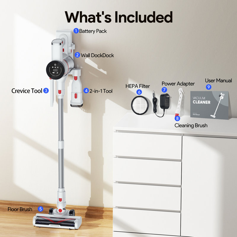 Aspirateur sans fil Stick, aspirateurs 30Kpa et 45 minutes pour la maison, avec faible bruit, écran à DEL, fixation murale, tapis à poils durs pour aspirateur rechargeable