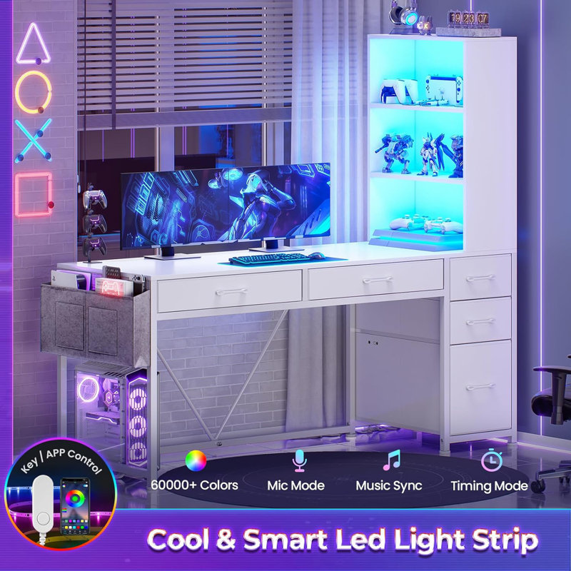 Barbarino Computer Desk With 5 Drawers And Bookshelf Led Lights For Small Spaces, White/White
