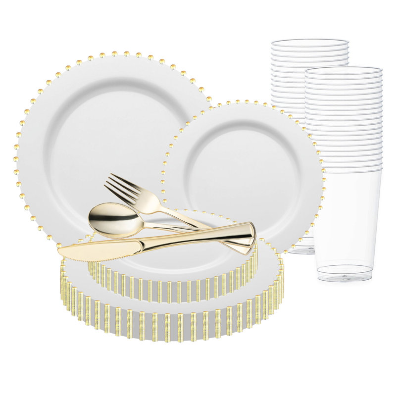 White with Gold Pearl String Round Disposable Plastic Wedding Value Set - 30 Settings