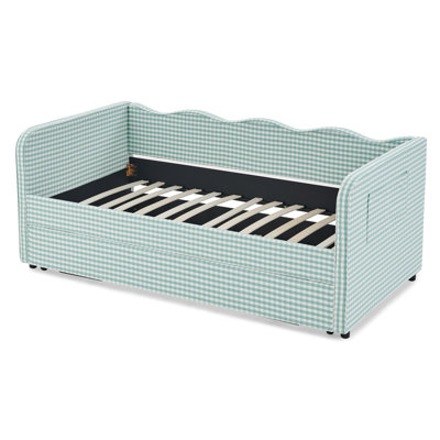 Gingham Upholstered 3‑in‑1 Versatile Convertible Sofa Bed with Pull‑Out Trundle & Side Storage Pockets