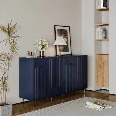Armoires, buffet à 4 portes bleu royal minimaliste avec tablettes réglables, pieds en métal | Panneau de fibres à densité moyenne | Salon