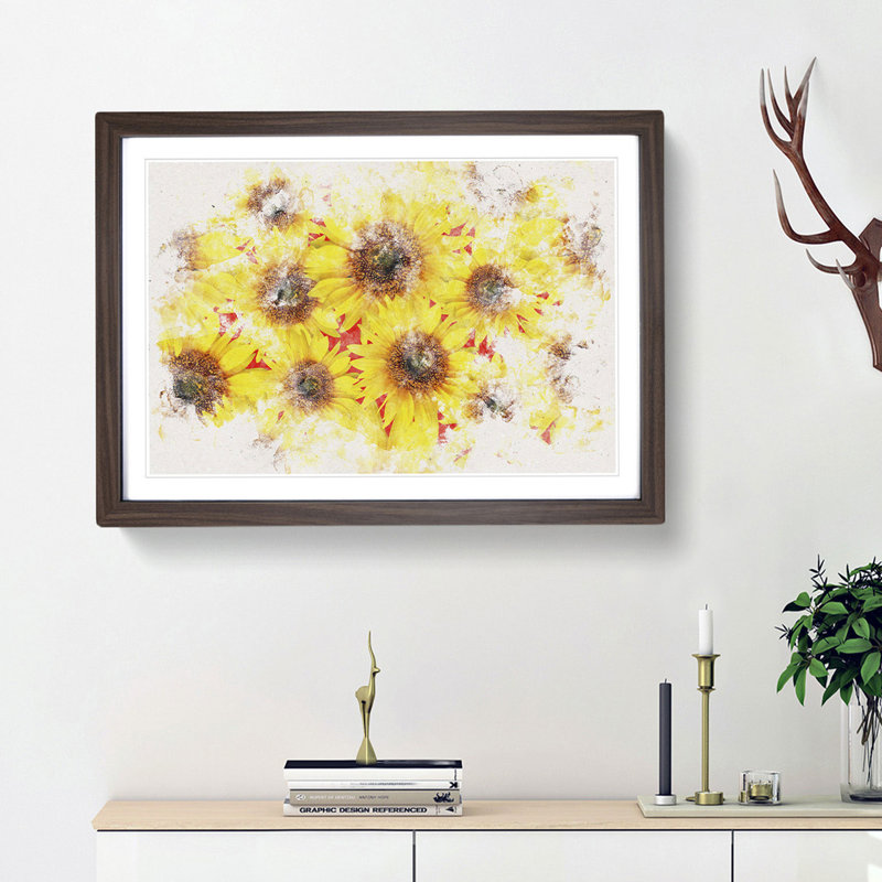 Wall Of Yellow Sunflowers - Single Picture Frame Print on MDF, 62cm H x 87cm W x 2cm D, Walnut