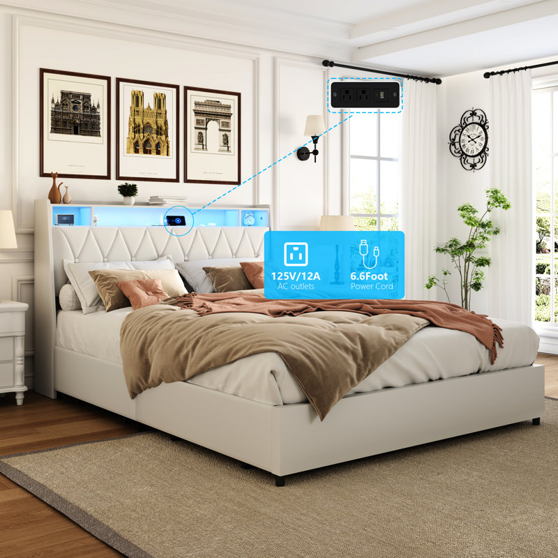 Métal blanc, cadre de grand lit, revêtement en similicuir, tête de lit ergonomique, rangement intégré, prise de courant encastrée, et bruit - Design pour la chambre à coucher