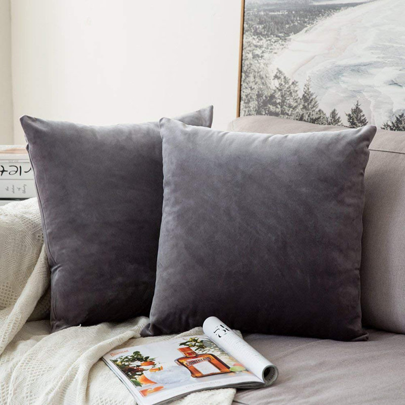 Housse de coussin en velours uni, Gris, H 20 po x l 20 po