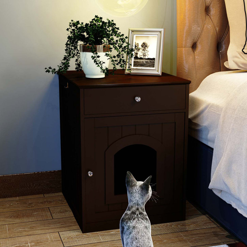 Brown MDF Cat Litter Box Enclosure Side Table with Drawer
