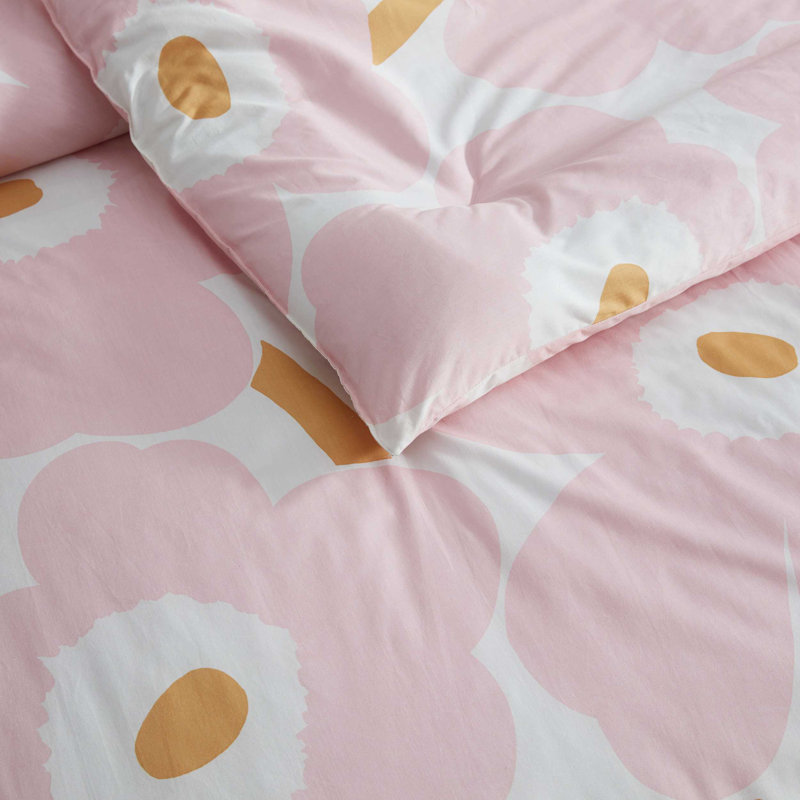 Marimekko Unikko Cotton Red Duvet Cover Set, Queen Duvet Cover + 2 Shams, Light Pink