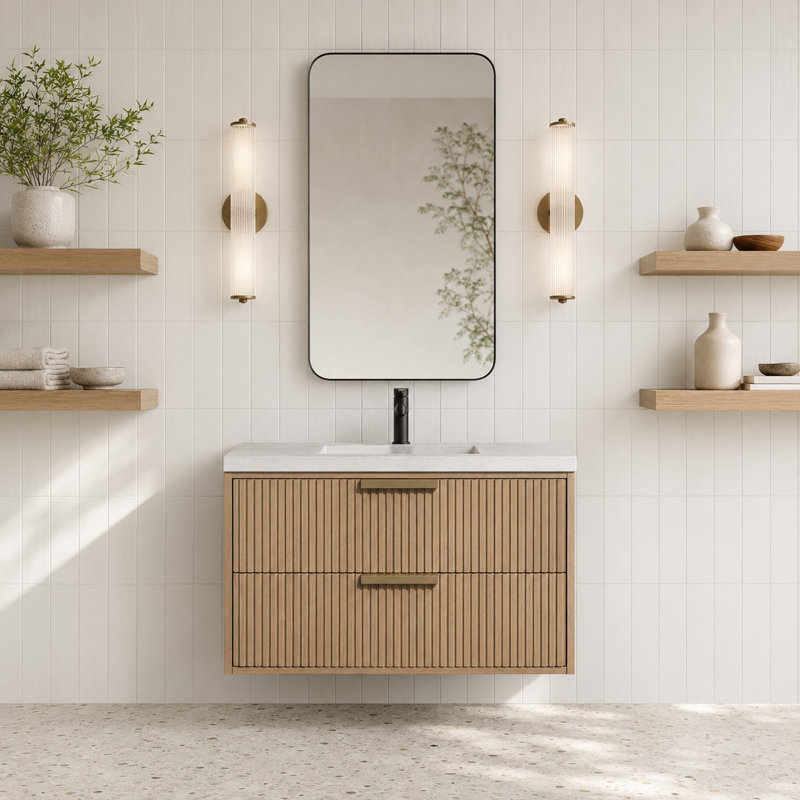Meuble-lavabo flottant 36 po Anelie, Chêne, Doré