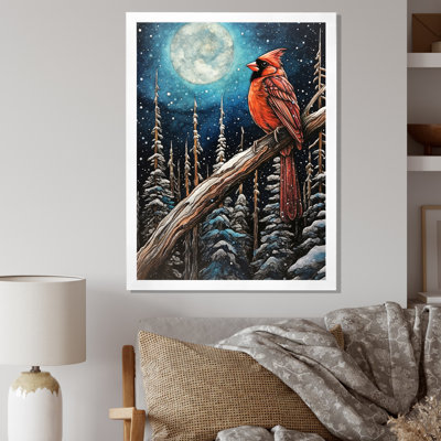 Red Cardinal Bird Under Full Moon I - Animals Bird Canvas Art Print