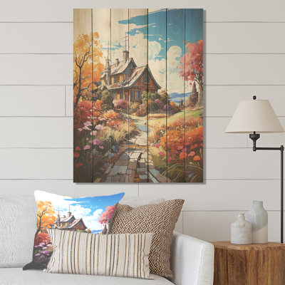 Fall Retreat Cottage Landscape III - Paysage sur bois