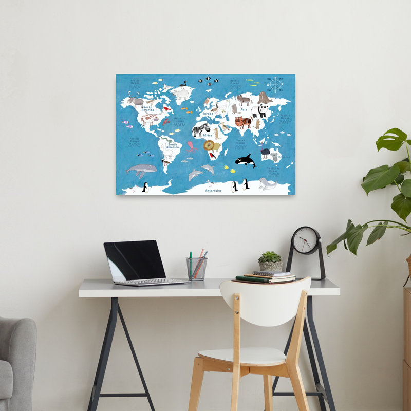 «World Animal Map», art mural contemporain, 24" H x 36" W