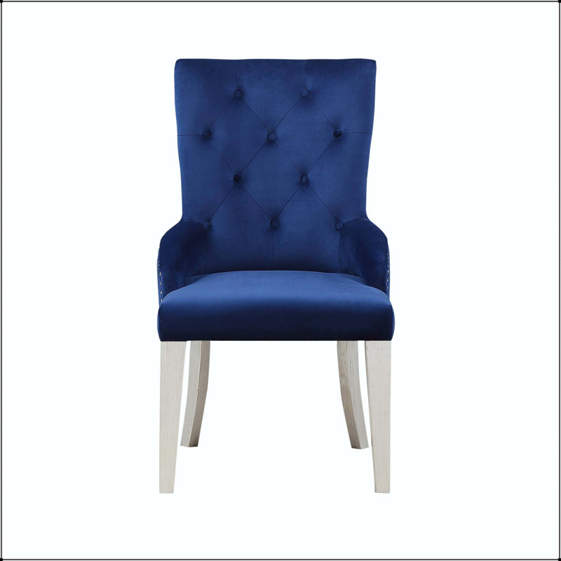 Chaise d'appoint en tissu bleu avec finition platine antique et garniture cloutée