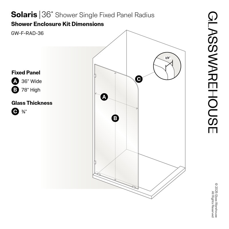 Solaris 36 in. x 78 in. Fully Frameless Radius Single Fixed Shower Panel, Satin Brass