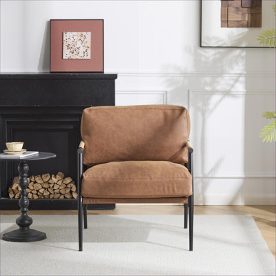 Fauteuil d'appoint minimaliste moderne brun boisé, coussins en mousse moelleuse, accoudoirs en bois massif, structure en métal élégant