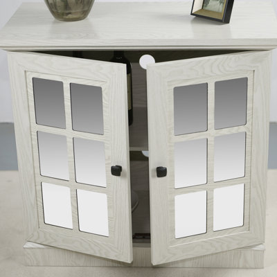 Living Room Storage Sideboard Cabinet With 2 Decorative Mirrored Doors, Adjustable Shelf, White 3d Wood Grain, Metal Handles, Compact, Modern - Style Shelf For Dining, Living, Kitchen, Cost