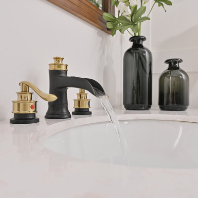 SoftStream Waterfall Black Gold Widespread 3-Hole, 2-Handle Bathroom Sink Faucet With Drain Assembly
