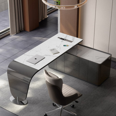 62.99" White + DarkGray L-Shaped Sintered Stone + Manufactured Wood + Stainless Steel with 3 drawers desk