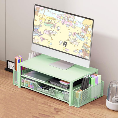 2-Tier Computer Monitor Stand with Drawer and 2 Pen Holders