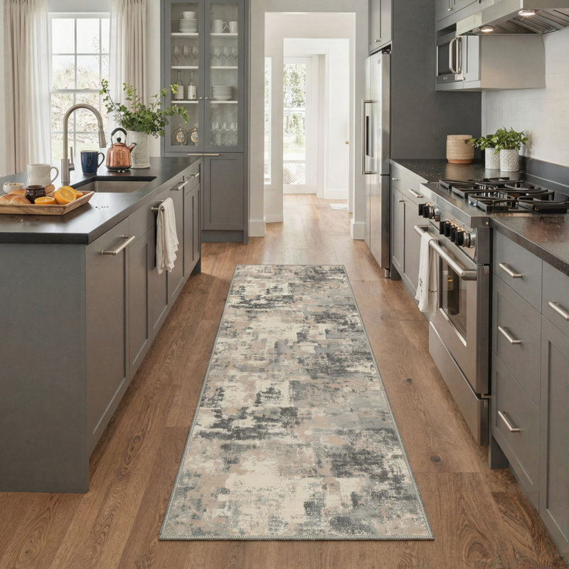 Mignone Sable Abstract Machine Washable Taupe Indoor Area Rug With Non-Slip Backing, Runner 2' x 6'
