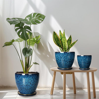 Ensemble de 3 pots à plantes en céramique 10 po, 8 po, 6 po avec trous de drainage et soucoupes bleu