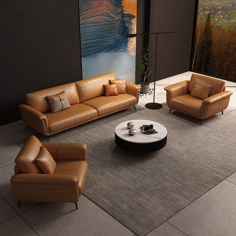 Ensemble de salon en cuir véritable orange 3 pièces
