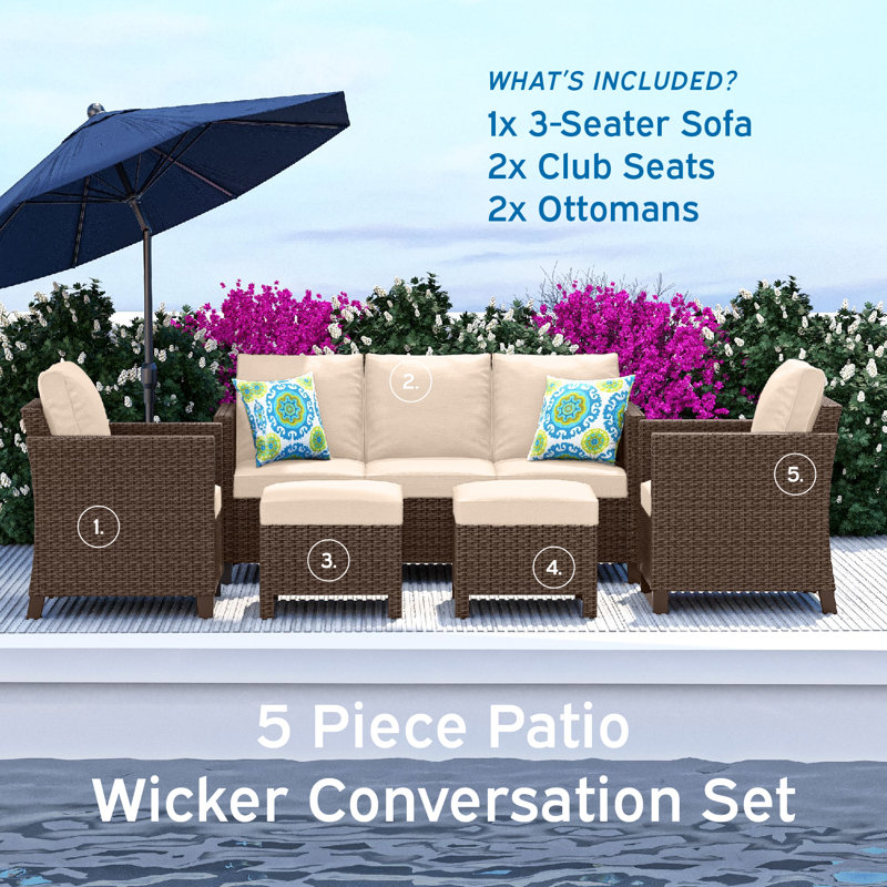 Premium All-Weather Wicker 5 - Person Patio Conversation Set with Cushions, Brown Frame/Beige Cushion