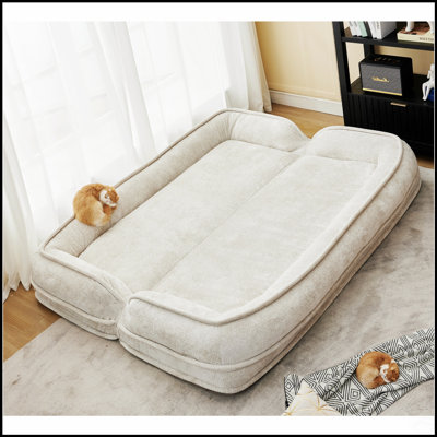 Lit double pour chien humain et canapé paresseux, très grand canapé avec 5 positions réglables, coussins moelleux, tissu chenille, beige