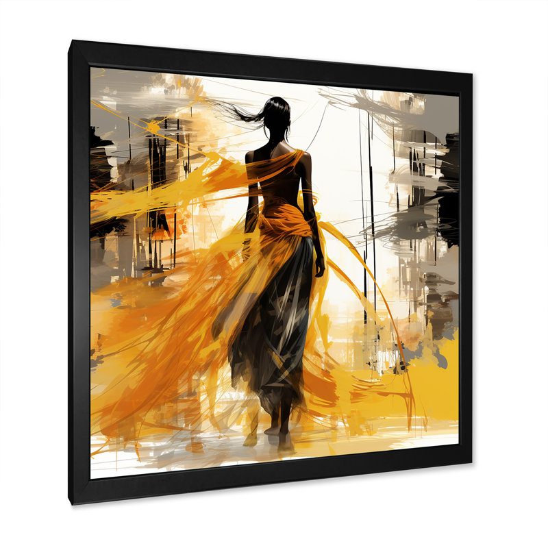 Femme noire et jaune avec vent - Illustration de mode, impressions encadrées, H 16 po x l 16 po x P 1 po, Cadre simple noir
