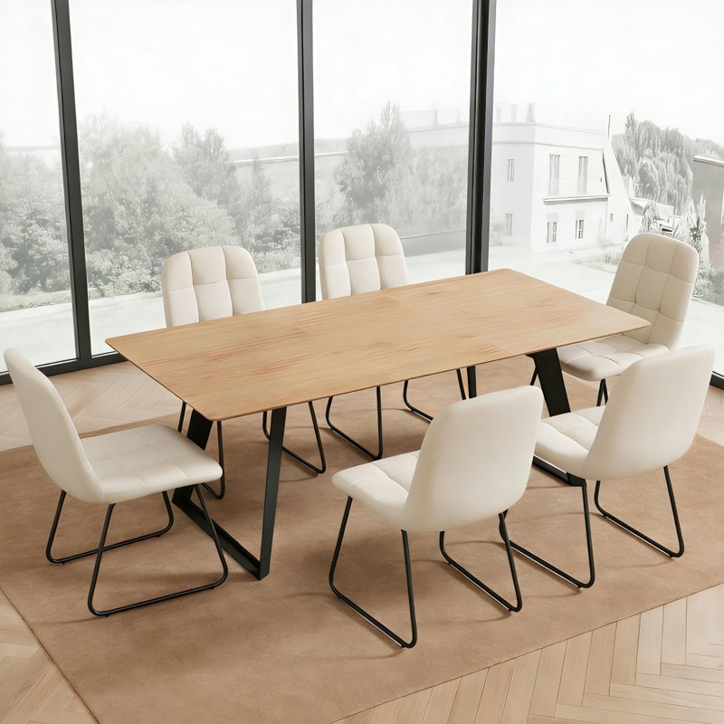 Modern Kitchen Dining Set, Extendable Dining Table with Upholstered Dining Chairs, 55" - 67", White