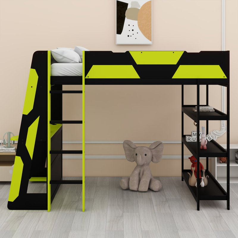 Sturdy Gaming Loft Bed with Desk, Open Shelves & LED Lights, Black+Green