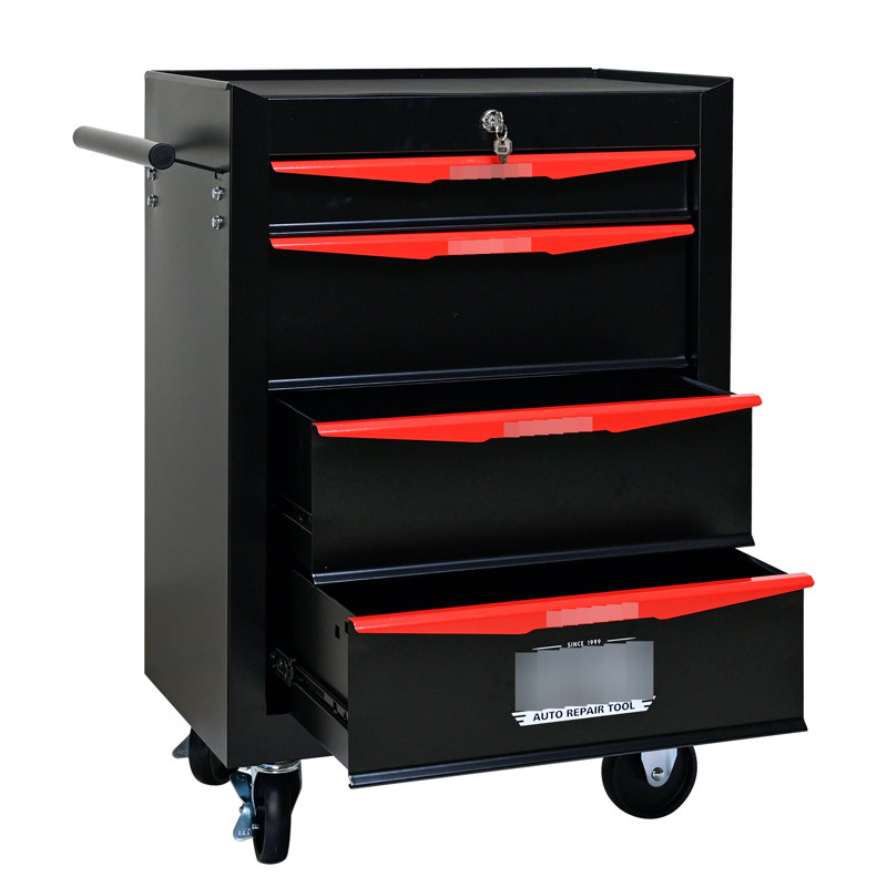 4 coffres à outils de 20 po avec rangement à glissières, acier noir et rouge, 4 outils pivotants verrouillables pour armoire en métal, noir et rouge, outils supplémentaires
