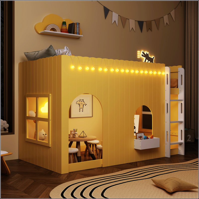 Lit mezzanine simple pour enfants avec guirlande lumineuse à DEL, conception de maison de campagne confortable et élégante pour les chambres d'enfants