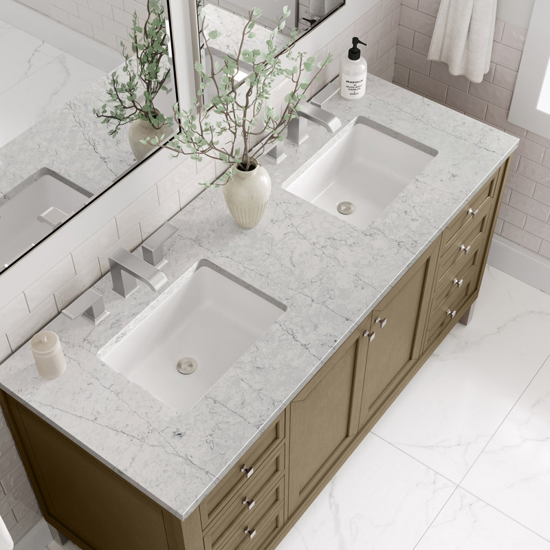 Meuble-lavabo double 60 po avec comptoir Chicago, Noyer murmure, Perle jasmin éternelle, 8 po