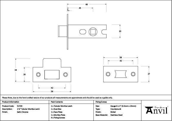 Tubular Mortice Latch, Satin Chrome