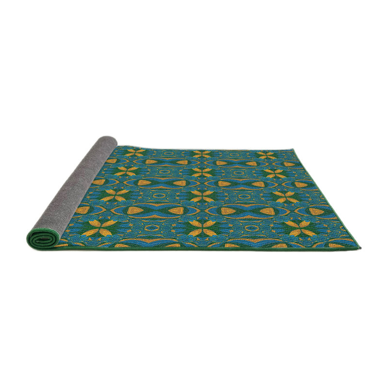 Tapis turquoise/jaune à motifs, Rond 5 pi
