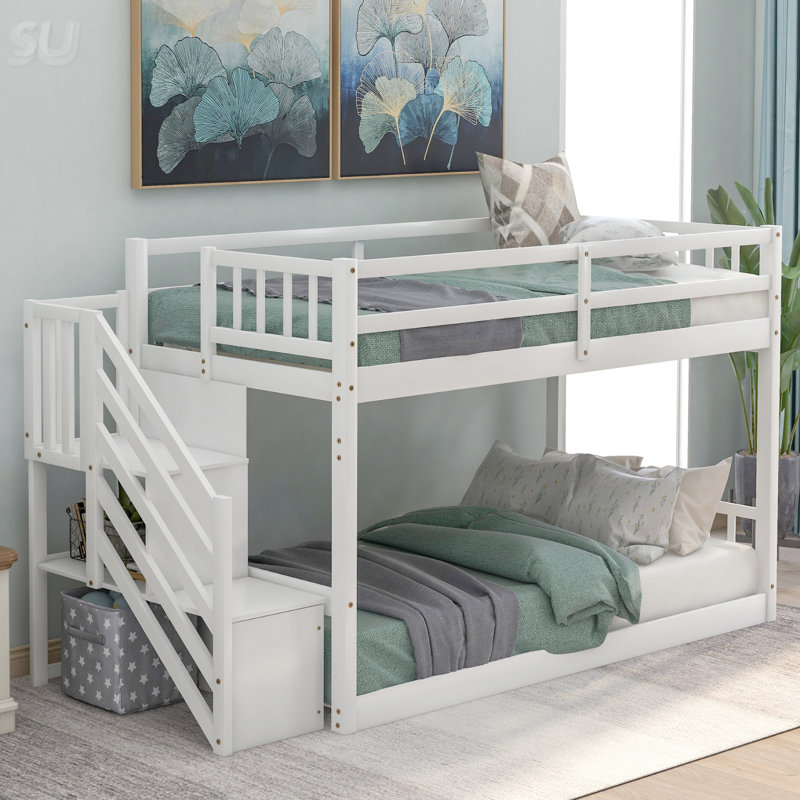 Lit superposé simple au-dessus d'un lit simple, échelle avec rangement, Blanc