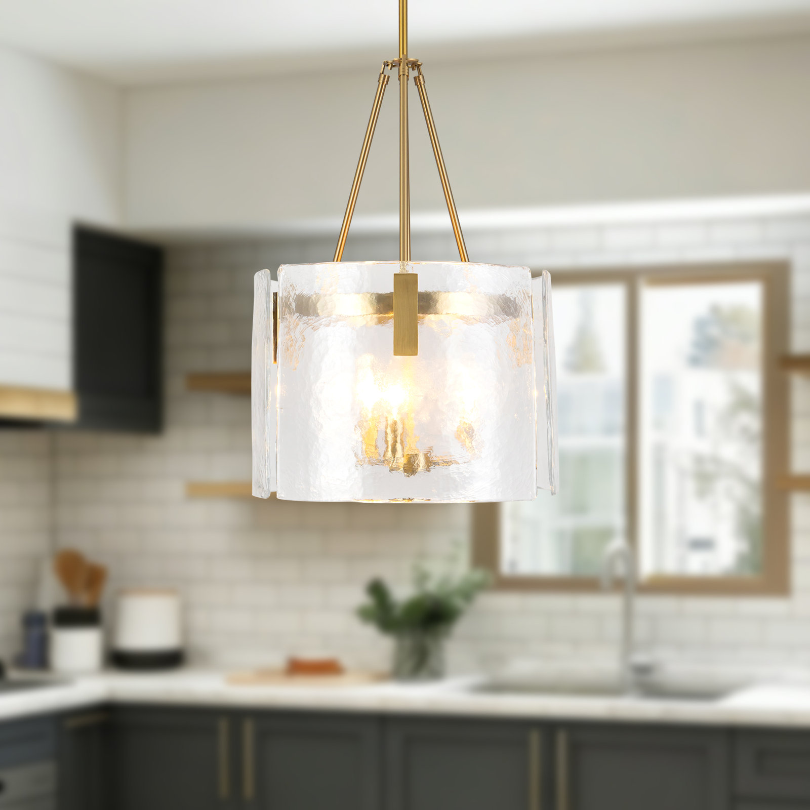 Eira Pendant with Clear Water Glass, 16-in, Brushed Gold/ Clear Water Glass