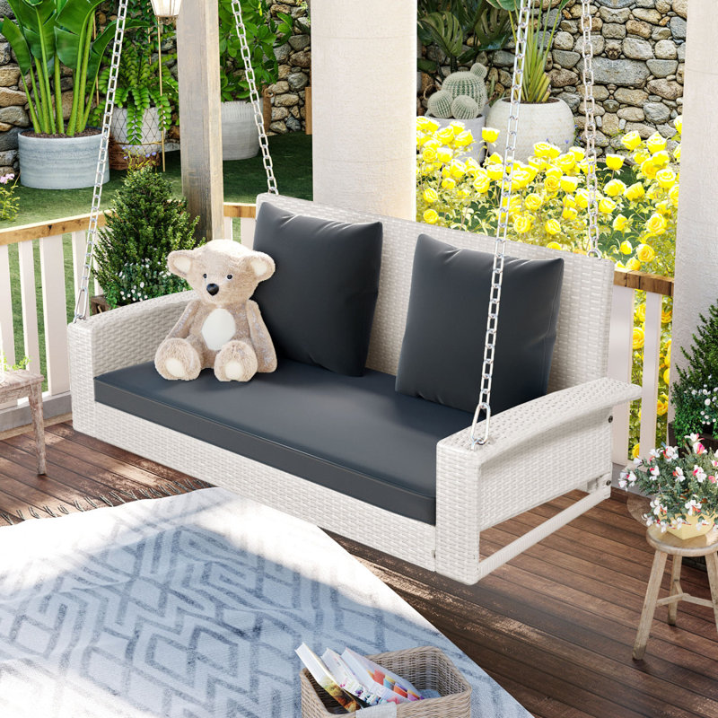 Banc de balançoire en osier avec coussin pour cour arrière, Gris / Blanc