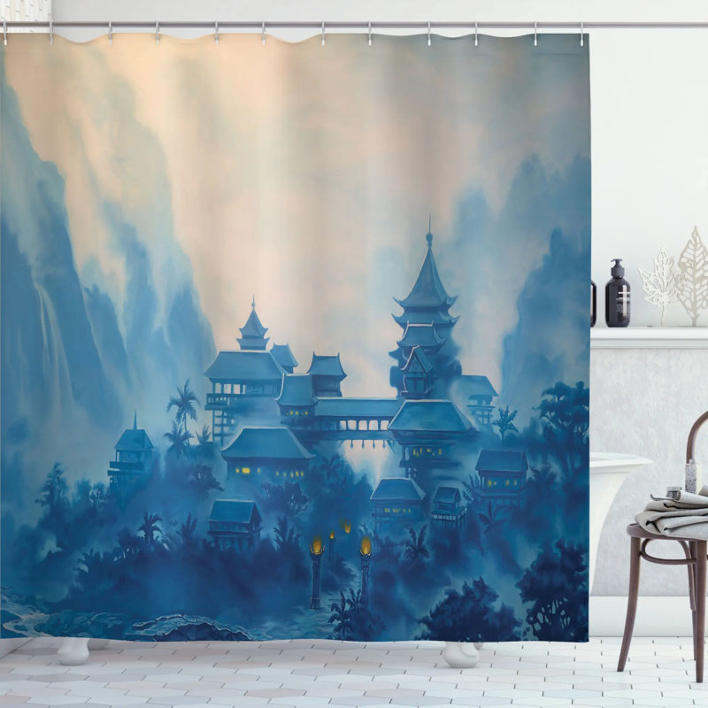 Ensemble de rideau de douche en oriental religieux "à temple de salle de bébé chinoise avec lanternes à la soirée Nash