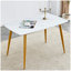 Table de salle à manger moderne et minimaliste. Plateau de table en imitation marbre blanc avec pieds en métal doré. 50 po x 30 po x 30 po