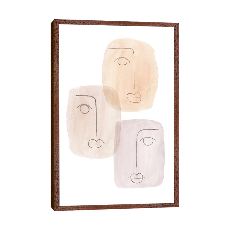Abstract Boho Faces - Painting on Canvas, 66.04cm H x 45.72cm W x 3.81cm D, Classic Brown Wood Framed