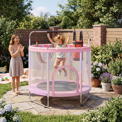 Trampoline pour enfants de 55 po avec filet de sécurité certifié conforme aux normes de test – Barre de gymnastique réglable – Capacité de 440 lb – Mini trampoline intérieur/extérieur – Pieds stables antidérapants