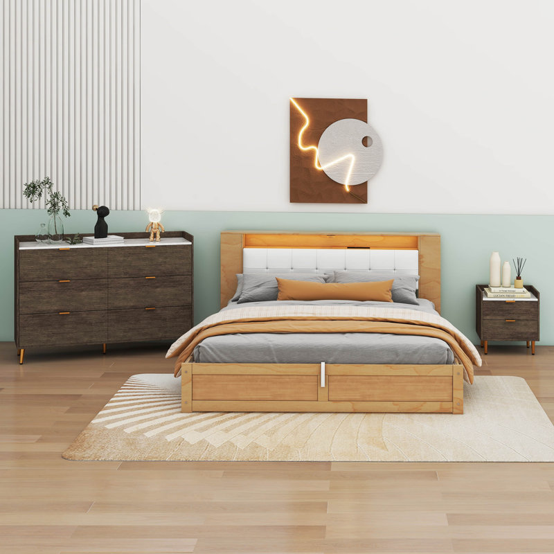 3-Pieces Bedroom Sets Queen Size Tufted Upholstered Platform Bed, Natural