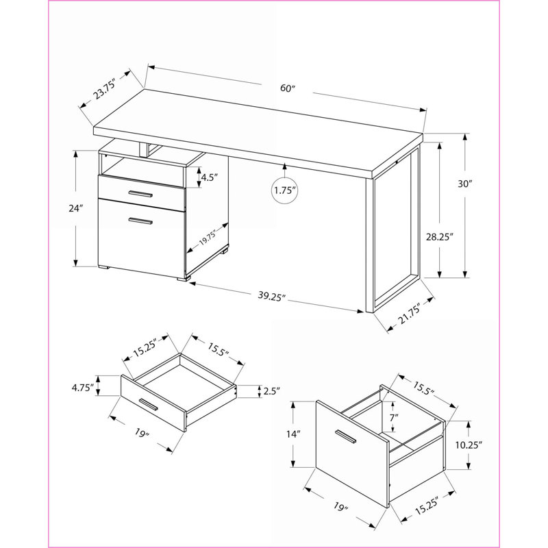 Bureaux, bureau d'ordinateur moderne de 60 po avec tiroirs de rangement Casier ouvert, configuration gauche / droite réversible, stratifié brun taupe | Gris métal | Panneau de particules
