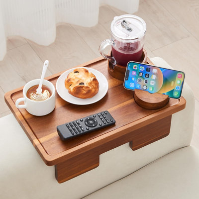 Real Acacia Wood Couch Armrest Table, 15.4"x9.8" Couch Arm Tray Table, 3 in 1 Removable Sofa Cup Holder wtih 360° Rotated Phone Holder, Clip on Armrest Tray for Drinks, Snacks, Phone, Control