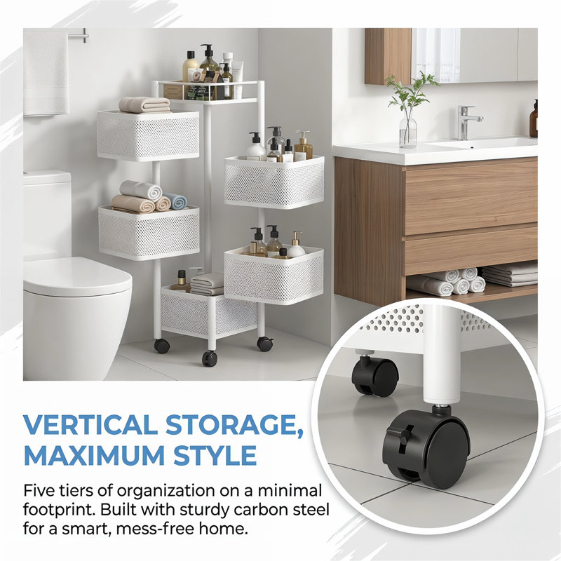 5-Tier Rotating Storage Rack, Metal Multi-Layer Fruit Vegetable Basket, Rolling Kitchen Floor Cart