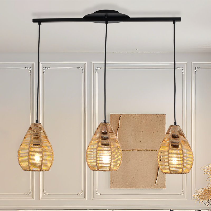 Lustre linéaire en rotin tissé à 3 lumières 