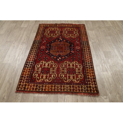 Tapis rouge / crème en laine noué à la main de conception unique 3 pi 4 po x 4 pi 5 po années 1940 Hather