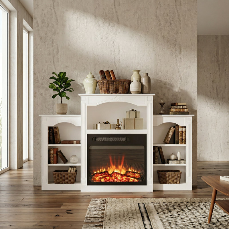 58.8" Wide 7-Shelf Fireplace Bookcase with Remote Control